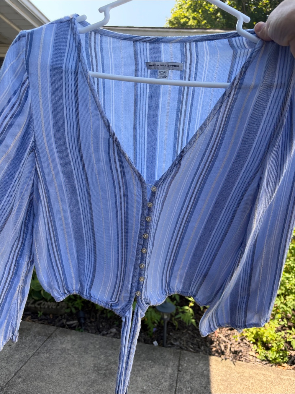 American Eagle Outfitters Light Blue Striped Button-Front Tie Waist Top